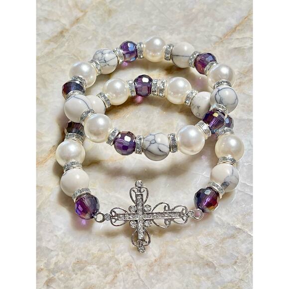 Crystal Cross Pearl Howlite Crystal Bracelet Set - Picture 7 of 12